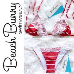NWT: BEACH BUNNY RED STRIPE LADY LACE BIKINI SET